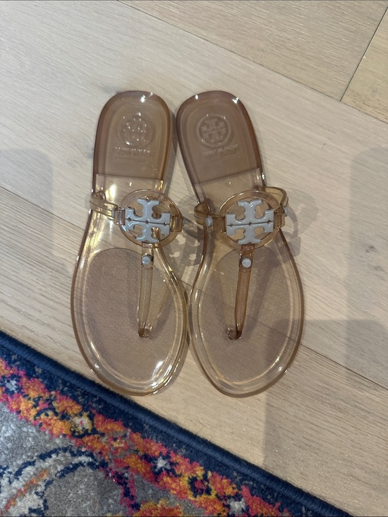 Tory Burch Shoes - Tory Burch Transparent Tan Logo Jelly Sandals